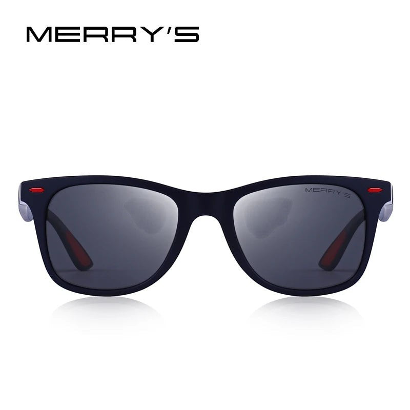 Lunettes de soleil MERRY'S polarisées UV400, monture noir mat avec accents rouges, style sport-classique.