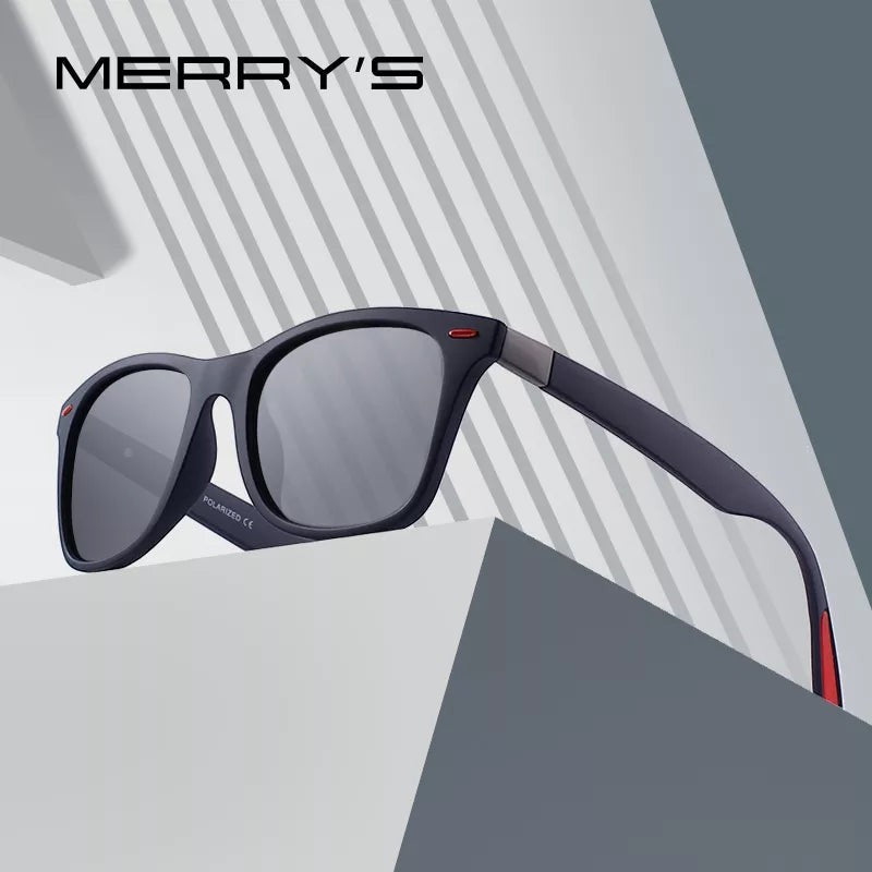Lunettes de soleil MERRY'S polarisées UV400, monture noir mat avec accents rouges, style sport-classique.