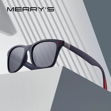 Lunettes de soleil MERRY'S polarisées UV400, monture noir mat avec accents rouges, style sport-classique.