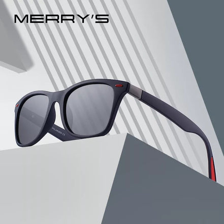 Lunettes de soleil MERRY'S polarisées UV400, monture noir mat avec accents rouges, style sport-classique.