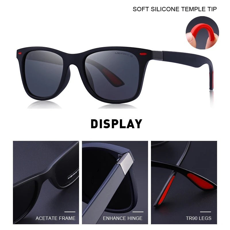 Lunettes de soleil MERRY’S polarisées noires mat avec accents rouges, monture classique sport, protection UV400