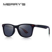 Lunettes de soleil MERRY'S polarisées UV400, monture noire mate avec accents rouges, style sport-classique.