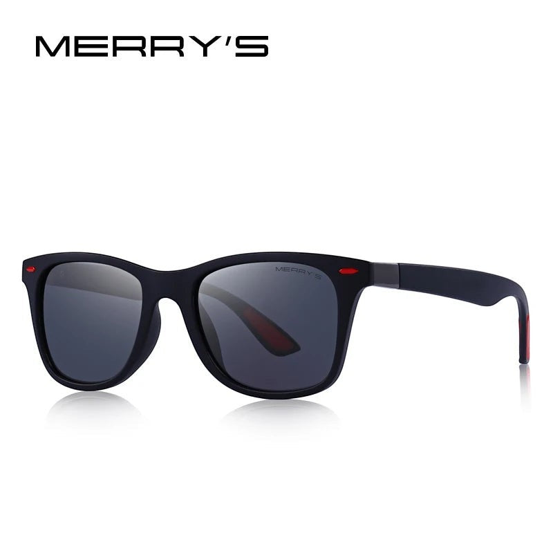 Lunettes de soleil MERRY'S polarisées UV400, monture noire mate avec accents rouges, style sport-classique.