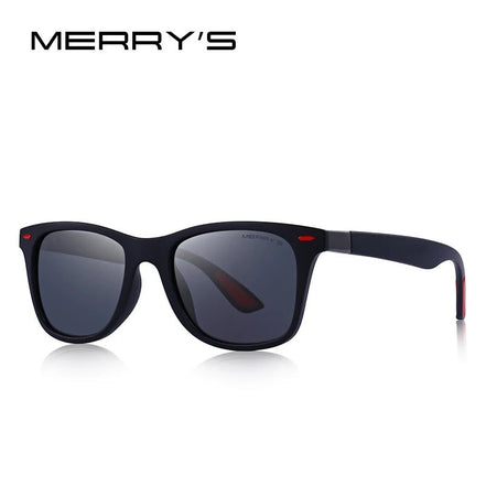 Lunettes de soleil MERRY'S polarisées UV400, monture noire mate avec accents rouges, style sport-classique.