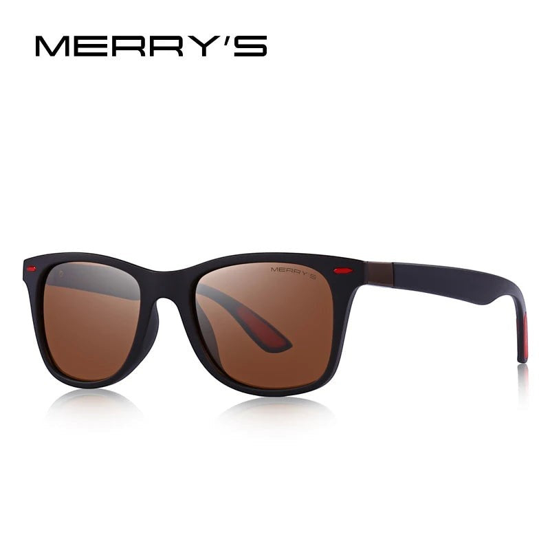 Lunettes de soleil MERRY’S polarisées UV400, monture noir mat avec accents rouges, verres marron.