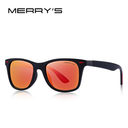 Lunettes de soleil MERRY'S polarisées UV400, monture noire mate avec accents rouges, verres orange réfléchissants.