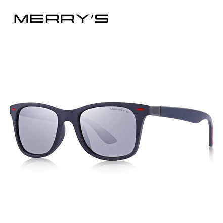 Lunettes de soleil MERRY'S polarisées UV400, monture noir mat avec accents rouges, verres argentés.