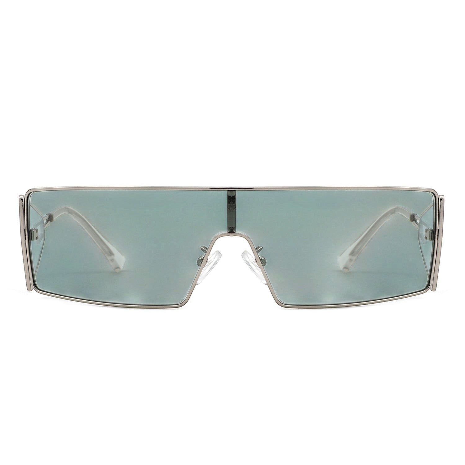 AKJ Fashion Lunettes de soleil femme rectangulaires argentées avec verres bleus clairs, style vintage enveloppant.