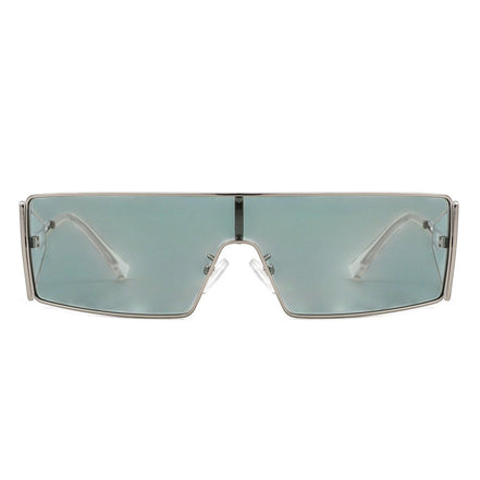 AKJ Fashion Lunettes de soleil femme rectangulaires argentées avec verres bleus clairs, style vintage enveloppant.