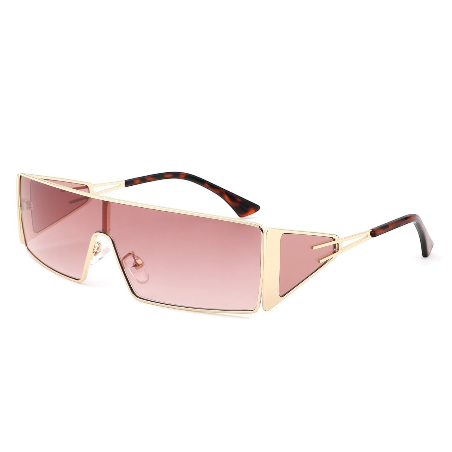 AKJ Fashion Lunettes de soleil rectangulaires femme, monture dorée enveloppante, verres roses dégradés, style vintage.