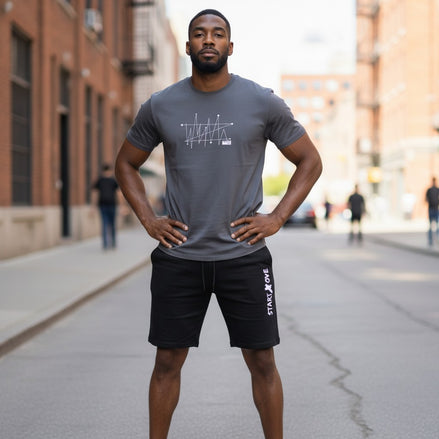 AKJ Fashion men's dark grey 2-piece quick-dry athletic set with graphic tee and black shorts.