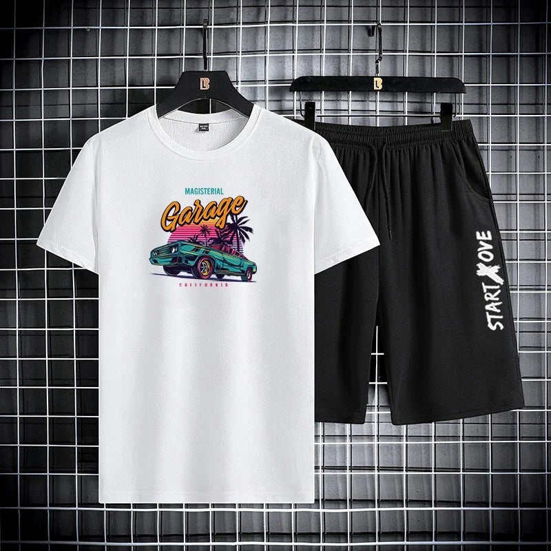 AKJ Fashion men's white t-shirt with 'Garage' graphic and black shorts with 'START X OVE' print. Quick-dry technical fabric.