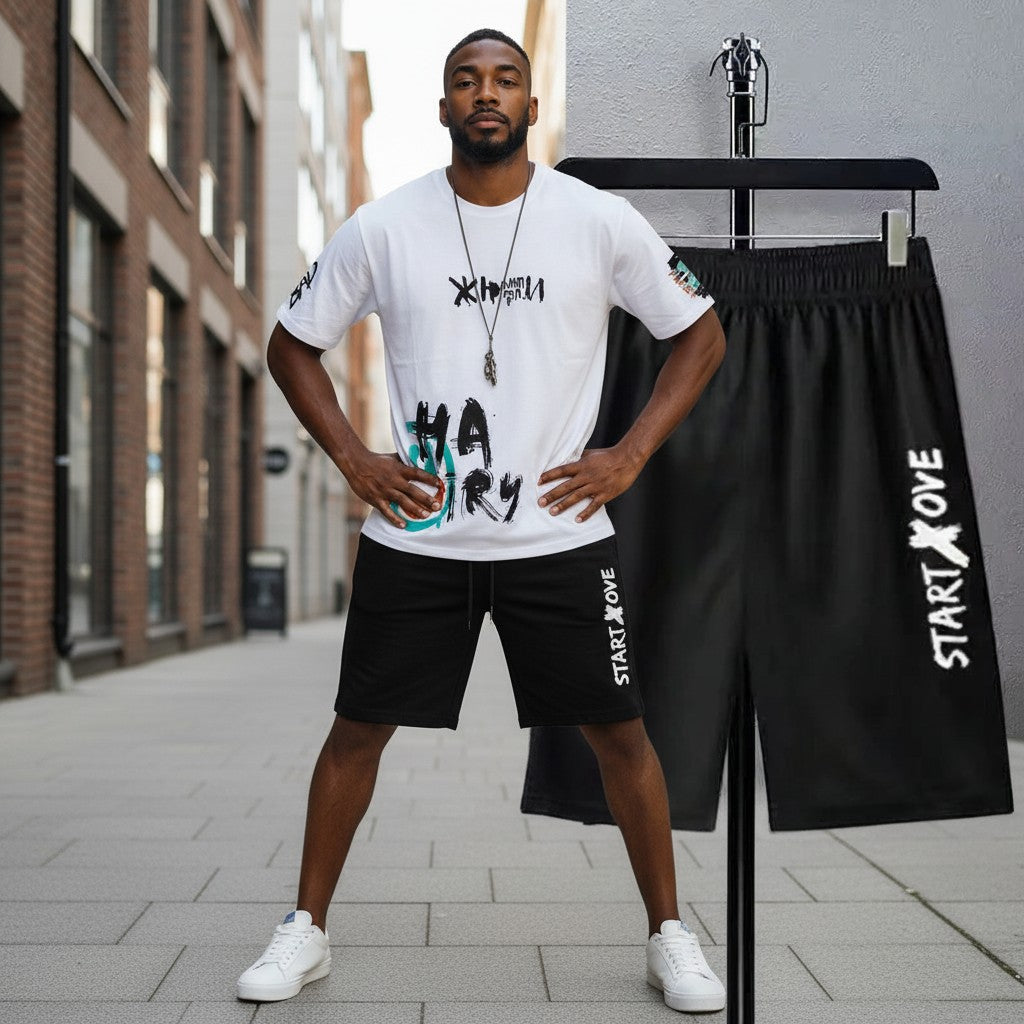 AKJ Fashion men's white graphic t-shirt and black athletic shorts set. Quick-dry, casual summer wear.