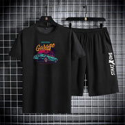 AKJ Fashion black 2-piece men's quick-dry sport set with graphic tee and shorts featuring a vintage car.