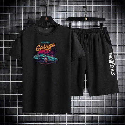 AKJ Fashion black 2-piece men's quick-dry sport set with graphic tee and shorts featuring a vintage car.