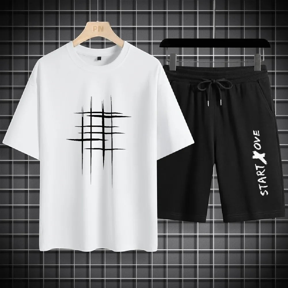 AKJ Fashion men's white t-shirt with black abstract lines and black shorts with white text 