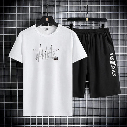 AKJ Fashion men's white t-shirt and black shorts set with graphic print and text detail. Quick-dry fabric.