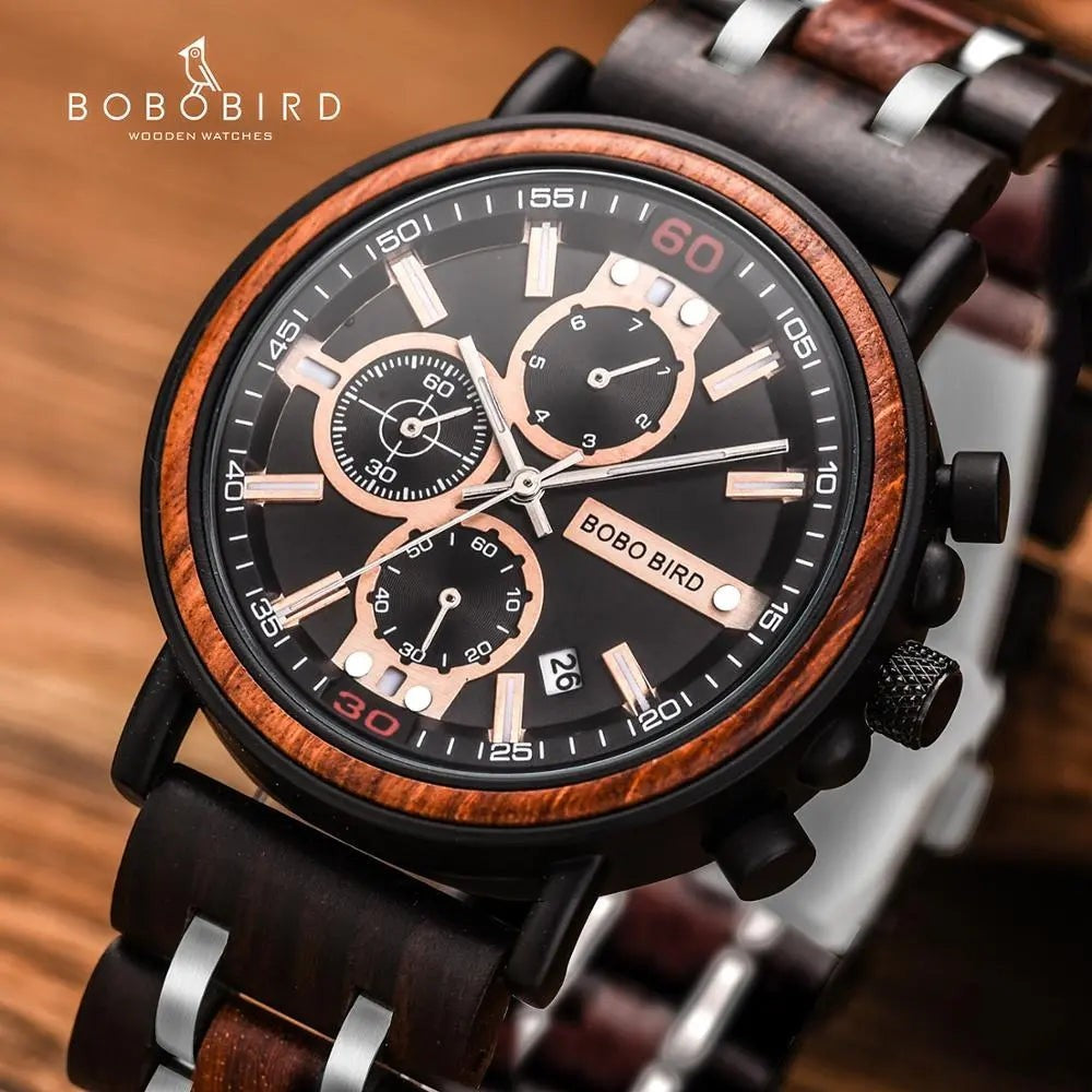 Montre AKJ Fashion BOBO BIRD en bois et acier, cadran noir avec chronographe et date, bracelet en bois.
