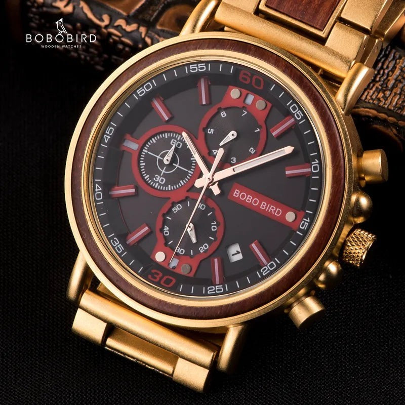 Montre AKJ Fashion BOBO BIRD en bois et acier doré, cadran noir avec chronographe et aiguilles lumineuses.