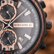 AKJ Fashion Montre BOBO BIRD homme, cadran gris, bracelet bois, chronographe, date, luxe naturel