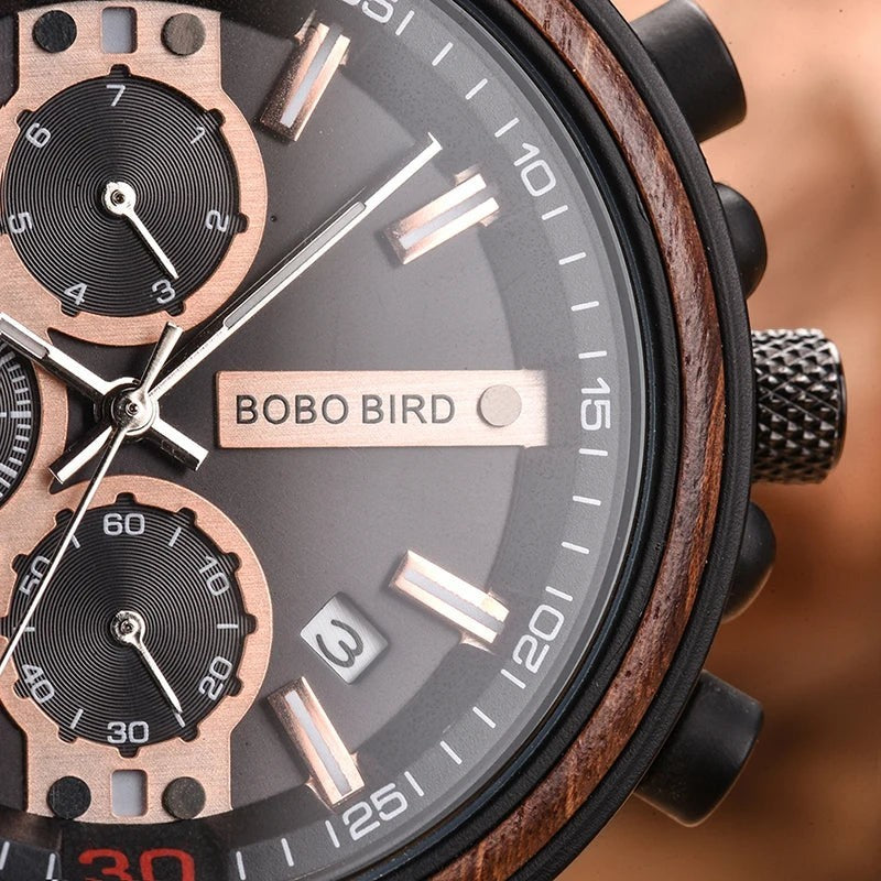 AKJ Fashion Montre BOBO BIRD homme, cadran gris, bracelet bois, chronographe, date, luxe naturel