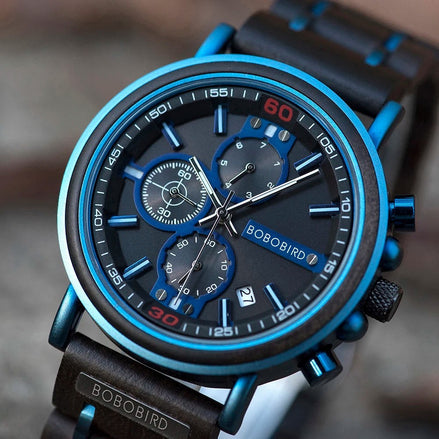 Montre AKJ Fashion BOBO BIRD en bois et acier bleu, cadran rond noir avec chronographe et date, bracelet bois