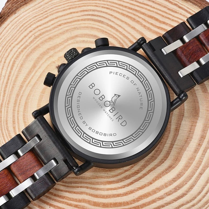 Montre AKJ Fashion BOBO BIRD en bois et acier, cadran rond sans chiffres, bracelet bicolore, luxe naturel.