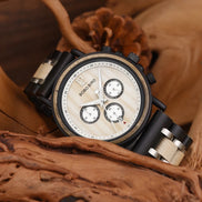 Montre AKJ Fashion BOBO BIRD en bois et acier, cadran rond clair avec chronographe et aiguilles lumineuses.