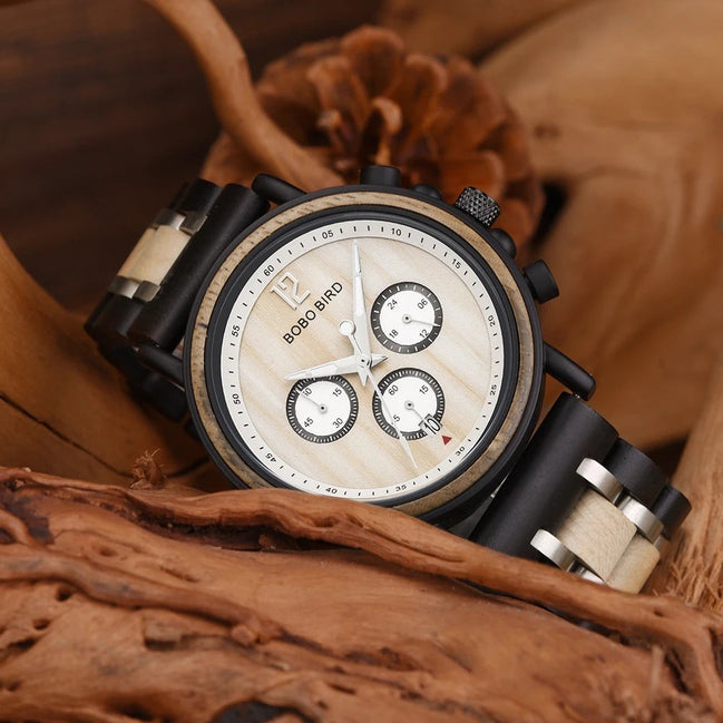 Montre AKJ Fashion BOBO BIRD en bois et acier, cadran rond clair avec chronographe et aiguilles lumineuses.