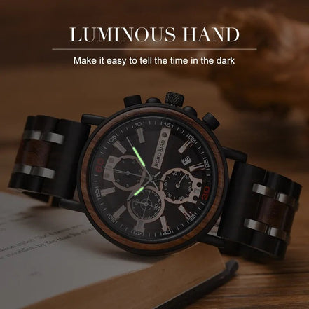 Montre AKJ Fashion en bois et acier, cadran noir avec aiguilles lumineuses, bracelet en bois, style luxe.