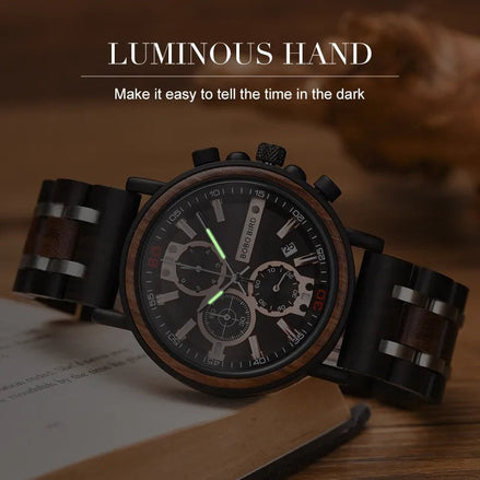 Montre AKJ Fashion en bois et acier, cadran noir avec aiguilles lumineuses, bracelet en bois, style luxe.