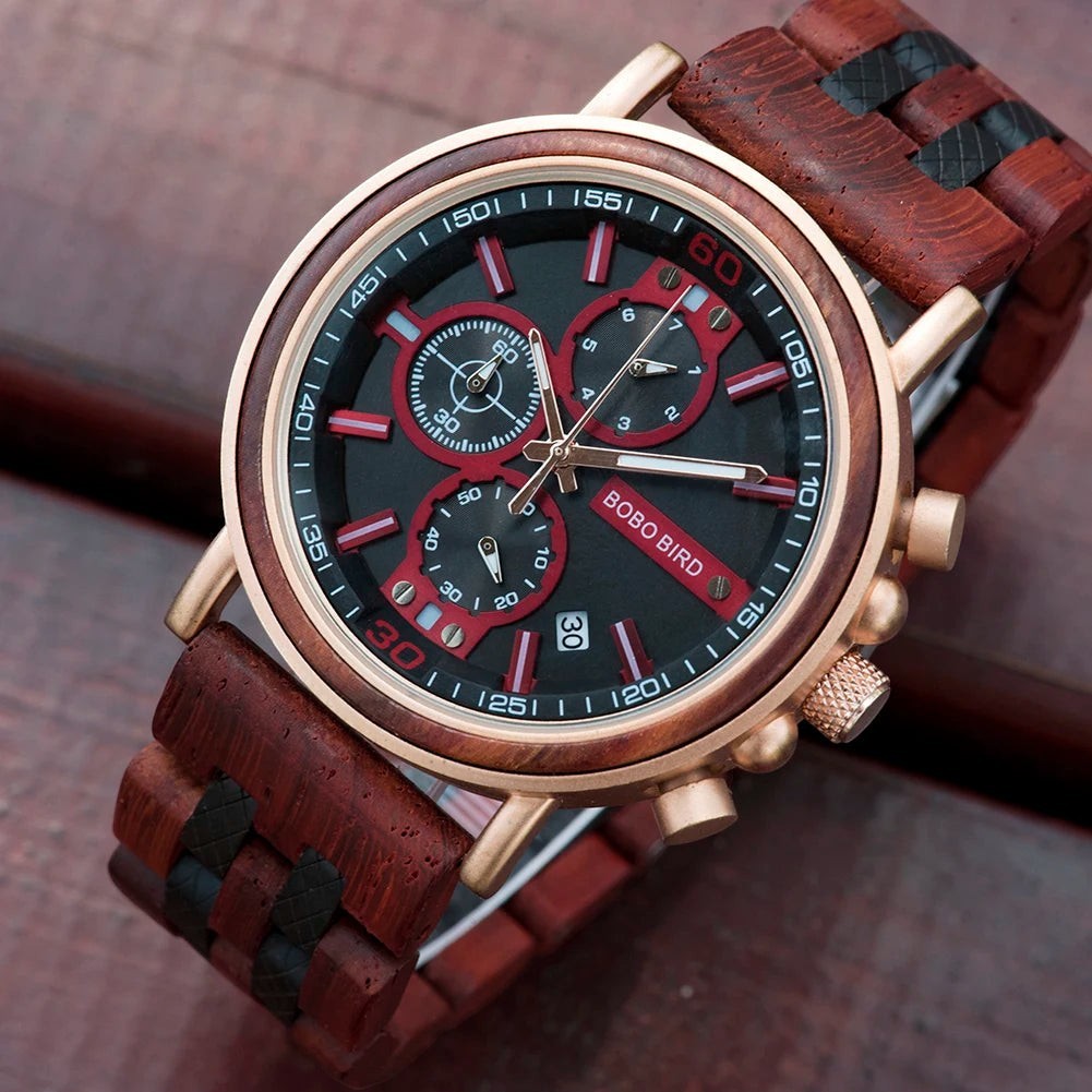 Montre AKJ Fashion BOBO BIRD en bois et acier, cadran noir avec détails rouges, bracelet en bois, style luxe.