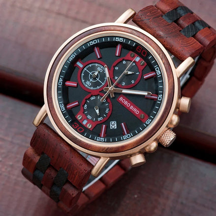 Montre AKJ Fashion BOBO BIRD en bois et acier, cadran noir avec détails rouges, bracelet en bois, style luxe.