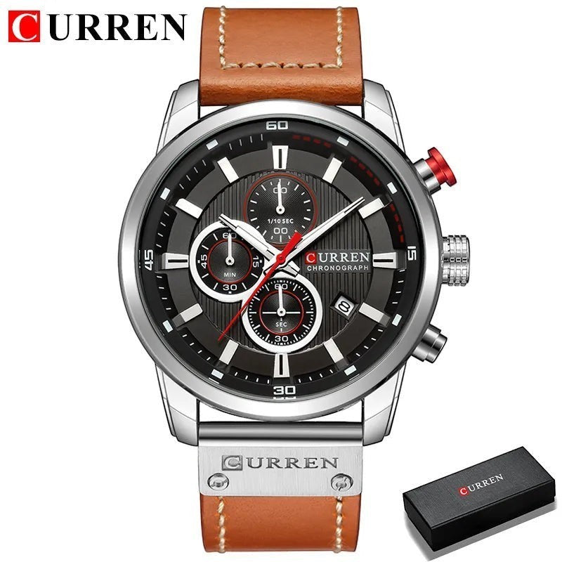 Montre chronographe CURREN homme en acier inoxydable avec cadran noir, bracelet en cuir marron, style sportif-chic.