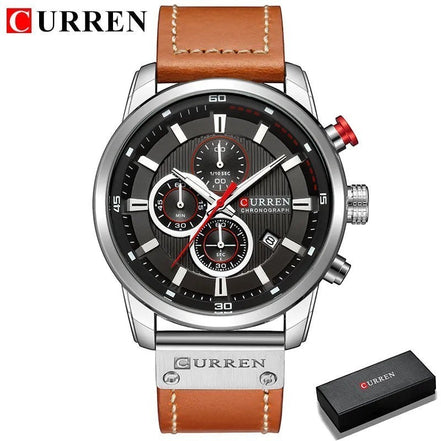 Montre chronographe CURREN homme en acier inoxydable avec cadran noir, bracelet en cuir marron, style sportif-chic.