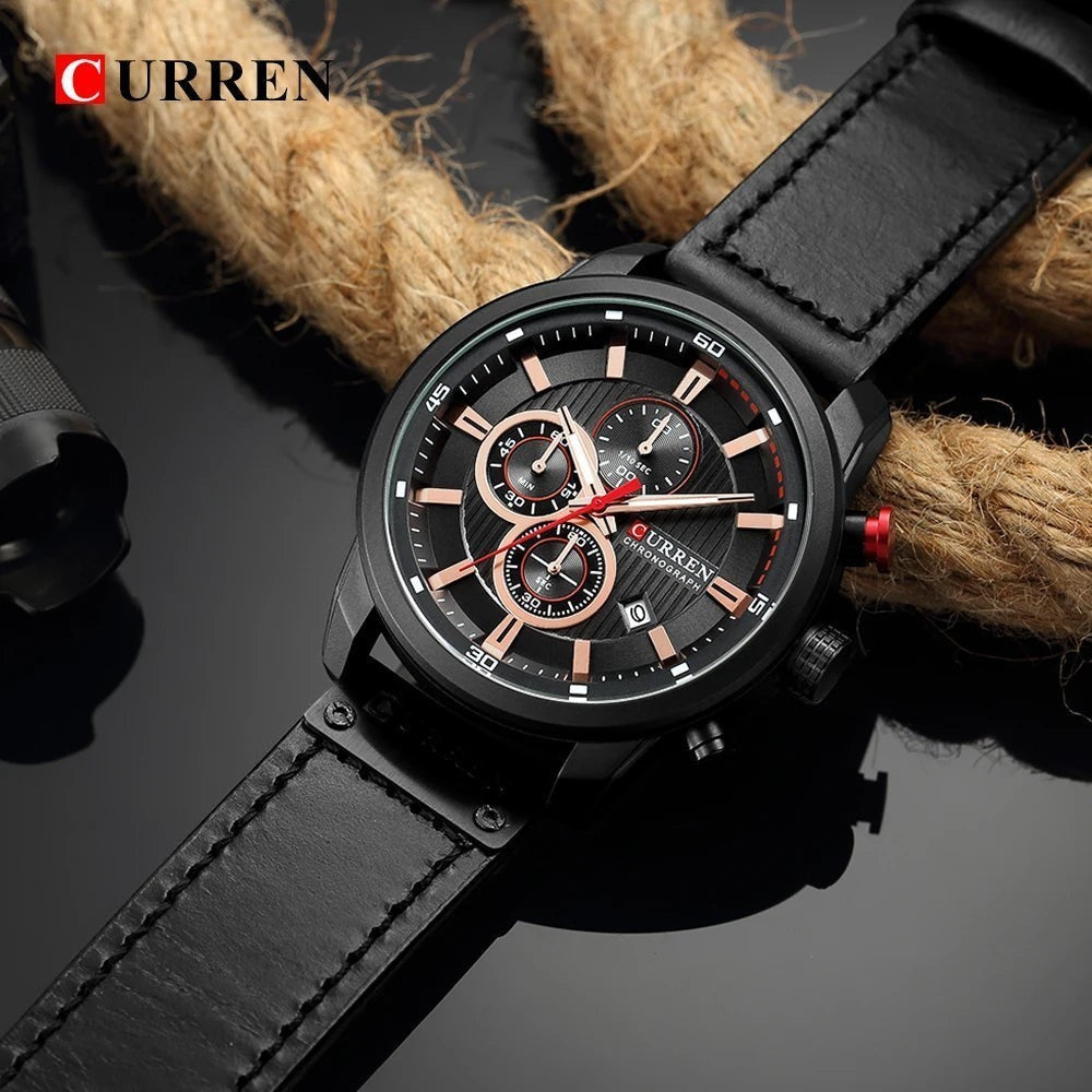 Montre chronographe AKJ Fashion CURREN homme en cuir noir avec cadran noir et détails dorés, bracelet en cuir.