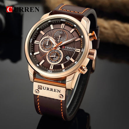 Montre chronographe AKJ Fashion pour homme, boîtier en acier inoxydable doré, cadran marron avec 3 sous-cadrans, bracelet en cuir marron.