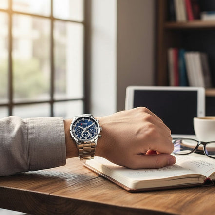 Montre AKJ Fashion CURREN argent, bracelet acier inoxydable, cadran bleu avec aiguilles lumineuses et date.
