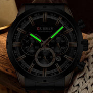 Montre CURREN argent chronographe avec aiguilles lumineuses et date automatique, bracelet en acier inoxydable.