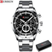 Montre AKJ Fashion CURREN chronographe argentée en acier inoxydable avec cadran noir, aiguilles lumineuses et date.