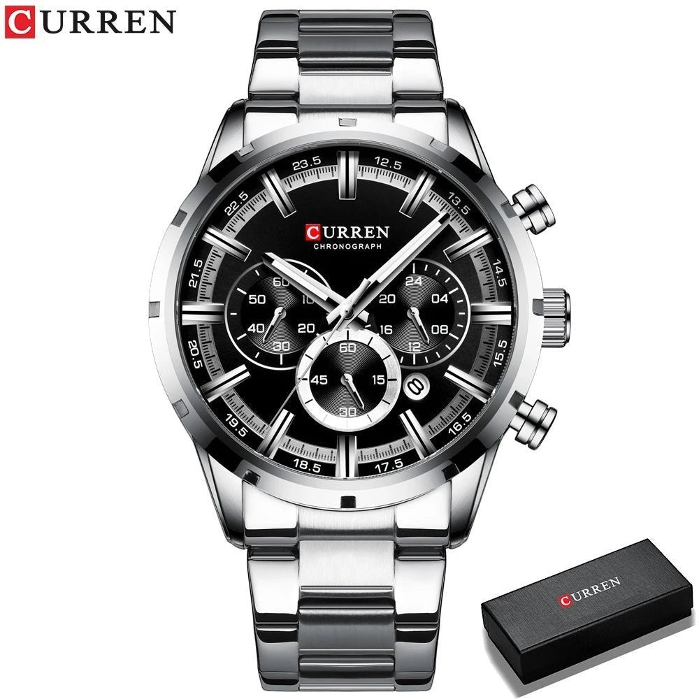 Montre AKJ Fashion CURREN chronographe argentée en acier inoxydable avec cadran noir, aiguilles lumineuses et date.