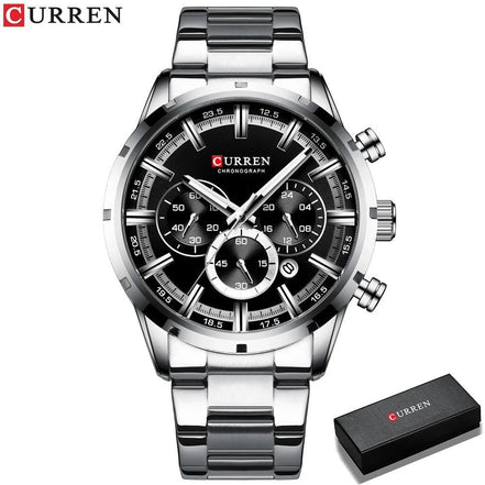 Montre AKJ Fashion CURREN chronographe argentée en acier inoxydable avec cadran noir, aiguilles lumineuses et date.