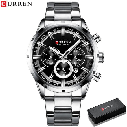 Montre AKJ Fashion CURREN chronographe argentée en acier inoxydable avec cadran noir, aiguilles lumineuses et date.