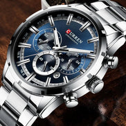 Montre AKJ Fashion CURREN argentée en acier inoxydable avec cadran bleu, chronographe et date automatique.
