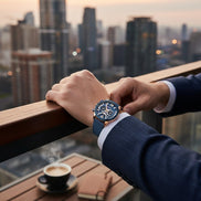 Montre AKJ Fashion CURREN homme, boîtier acier or rose, cadran bleu, bracelet cuir bleu, style urbain décontracté.