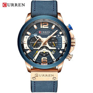 Montre CURREN homme bleue et or, bracelet cuir, style urbain et décontracté, cadran multifonctionnel