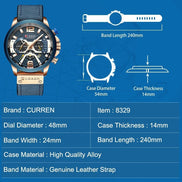 Montre CURREN homme bleue avec bracelet en cuir, cadran multifonction et détails dorés. Style urbain.