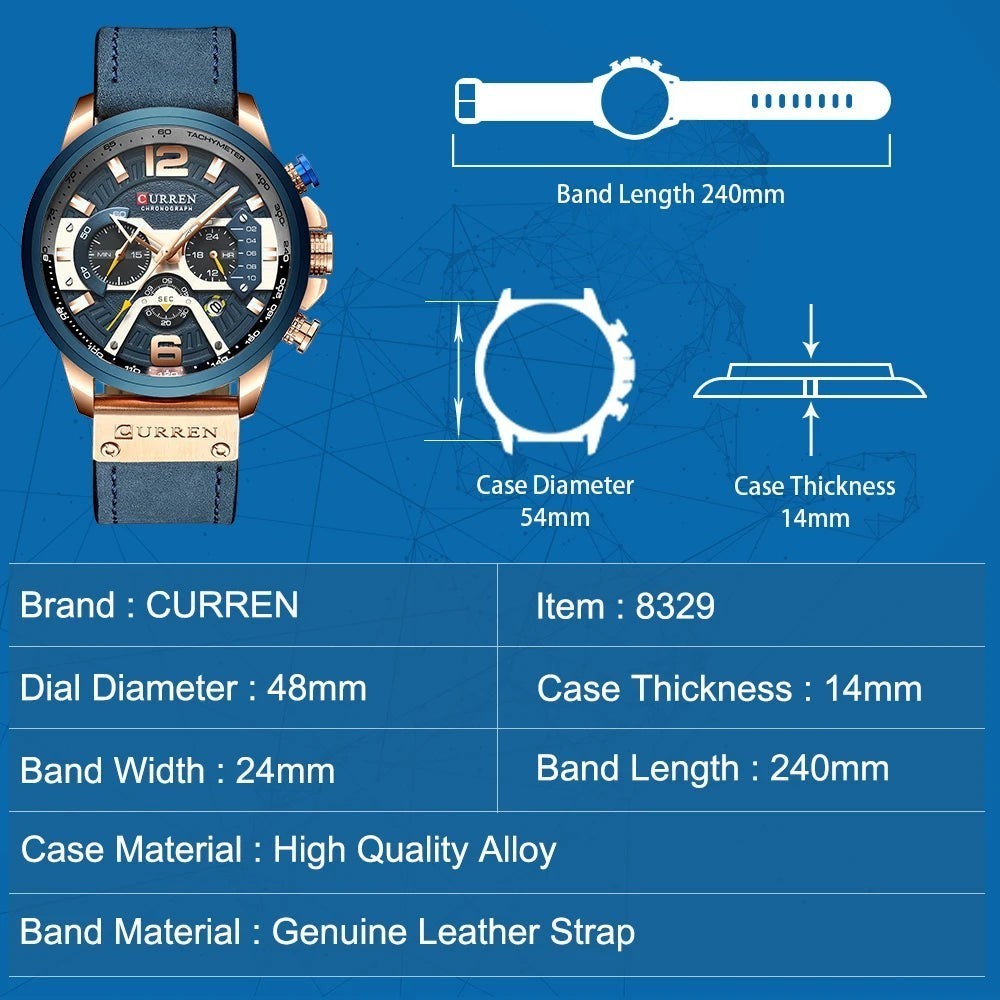 Montre CURREN homme bleue avec bracelet en cuir, cadran multifonction et détails dorés. Style urbain.