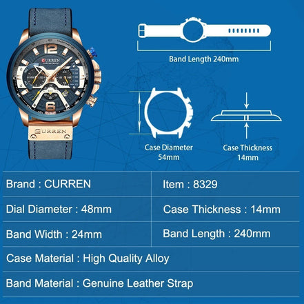 Montre CURREN homme bleue avec bracelet en cuir, cadran multifonction et détails dorés. Style urbain.