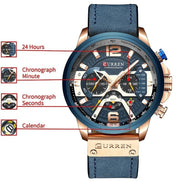Montre CURREN homme, boîtier bleu et or rose, bracelet cuir bleu, cadran multifonction avec chronographe et date. Style urbain.